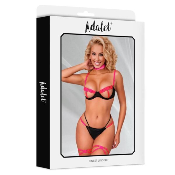 Pauline Set Sujetador, Tanga, Ligas y Choker Negro y Rosa