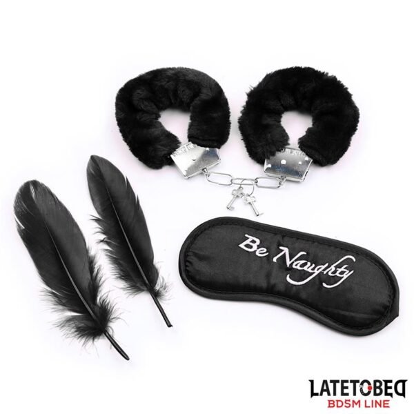 12469 Set de 3 Piezas Antifaz, Esposas y Plumas Negro